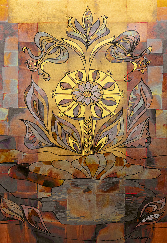 "Druck 'Gold Blume silber ox', Größe 80 x 120cm"