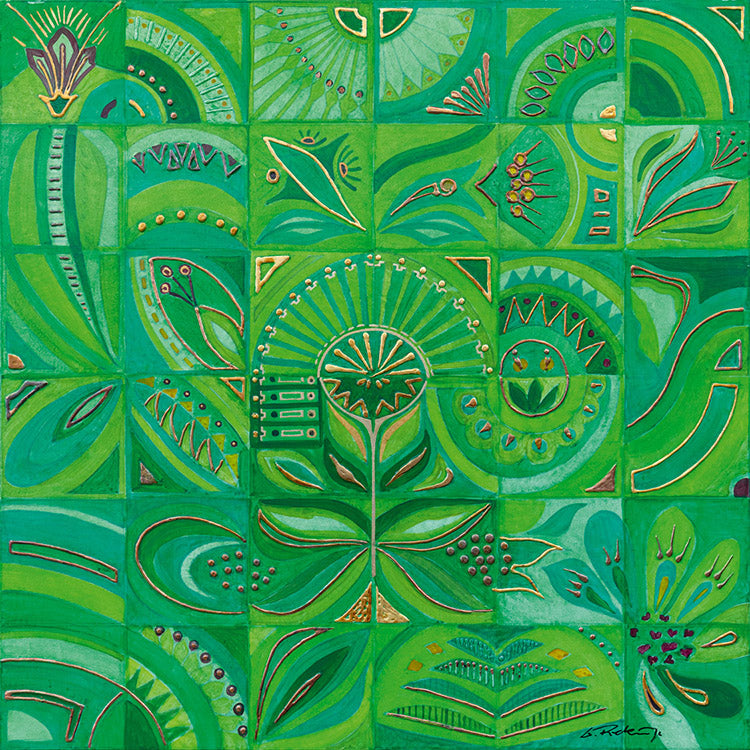"Druck 'Blüten in grün + gold', Größe 60 x 60cm"